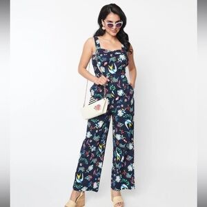 NWT Navy Wide Leg Floral Bird Print Jumpsuit | Resort Vacation Style | Size S
